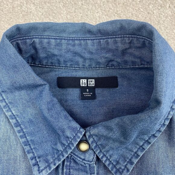 Uniqlo Women Small Pearl Snap Western Chambray Pocket Button Shirt Long Sleeve - Picture 9 of 12